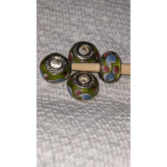 NEW SET OF 4 PANDORA MURANO BEADS - TRANSLUCENT GREEN W/PINK/BLUE/WHITE DECOR - - Picture 2 of 2
